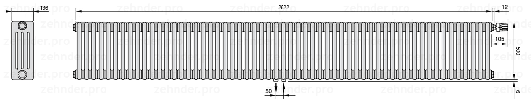 Схема (чертеж) Радиатор Zehnder Charleston 4050/57 №V008 Белый глянцевый RAL 9016